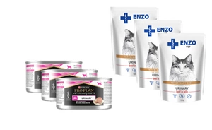 PURINA Veterinary PVD UR Urinary Cat Cat Turkey 3x195g kanna + ENZO VET urīns ar liellopu gaļas želeju kaķiem 3x100g