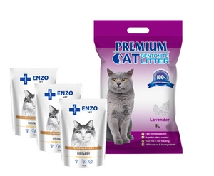 Premium Cat Clumping Bentonite Litter - lavandas kaķu pakaiši 5L + 3x ENZO VET urīns ar vistas gaļu mērcē 100g