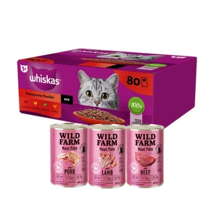 WHISKAS Adult maisiņi 80 x 85 g Classic Meals - mitrā barība pieaugušiem kaķiem, ar mērci (ar liellopu gaļu, vistas gaļu, jēra gaļu, mājputnu gaļu)