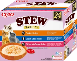 INABA Cat Ciao Stew papildbarība kaķiem ar vistas, tunča un laša garšu 24x40g