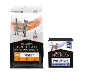PURINA Veterinary PVD OM Aptaukošanās novēršana kaķiem 5kg + PURINA PVD FortiFlora Cat 30 paciņas