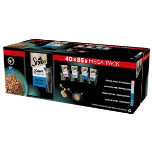 SHEBA Sauce Collection Fish Flavours Sachets 40x85 g - pilnvērtīga mitrā barība mērcē pieaugušiem kaķiem