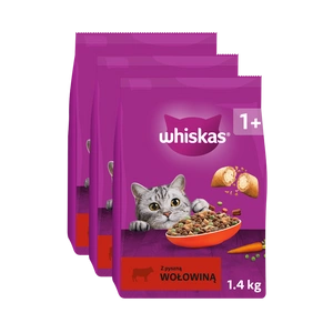 WHISKAS Adult 1,4 kg - sausa pilnvērtīga barība pieaugušiem kaķiem, ar gardu liellopu gaļu