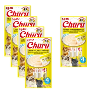 INABA Churu kaķu kārums ar vistas gaļu, sieru un liellopu gaļu 20x14g