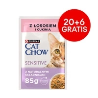 CAT CHOW Sensitive kaķu barība ar lasi un cukini mērcē 85g - 20 izmēri + 6 BEZ MAKSAS !!!