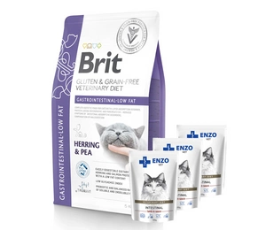 BRIT GF Veterinary Diets Cat Gastrointestinal-Low Fat 5kg + ENZO VET Intestine ar jēra gaļu mērcē kaķiem 3x100g