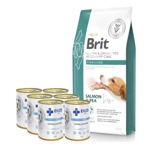 BRIT GF Veterinary Diets Dog Sterilizēts 12kg + ENZO VET Hipoalerģiska diēta ar tītaru gaļu suņiem 6x400g