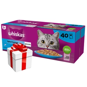 WHISKAS Adult paketėliai 40 x 85 g Fishy Treats - mitrnas maistas pieaugušajiem katėms drebučiuose (ar lašiša, tunu, menke, balta zivimi)