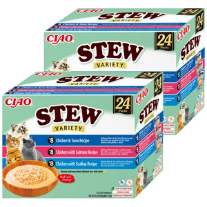 INABA Cat Ciao Stew - papildbarība kaķiem ar vistas, tunča, laša un ķemmīšgliemežu garšu 24x40g