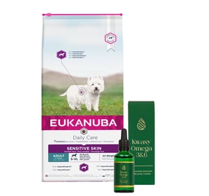 EUKANUBA Daily Care Adult Sensitive Skin 12kg + LAB-V Omega 3 un 6 taukskābes suņu un kaķu veselībai, kažokam un ādai 50ml