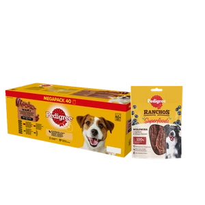 PEDIGREE Adult maisiņš 40x100g Jaukta garša želejas + PEDIGREE® Ranchos™ Superfood 70g BEZ MAKSAS