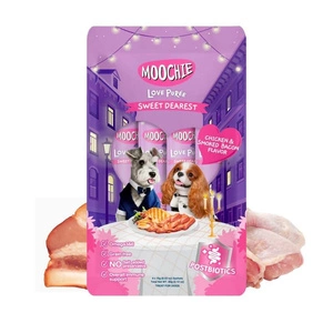 MOOCHIE Love Puree Chicken & Smoked Bacon 4x15g suņu delikatese ar vistas un kūpināta speķa garšu
