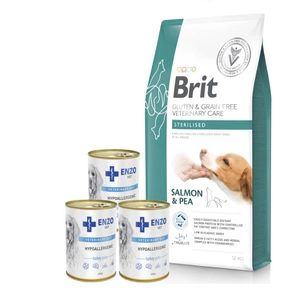 BRIT GF Veterinary Diets Dog Sterilizēts 12kg + ENZO VET Hipoalerģiska diēta ar tītaru gaļu suņiem 3x400g