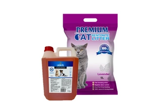 Premium Cat Clumping Bentonite Litter - lavandas kaķu pakaišiem 5L + LAB V Laša eļļa suņiem un kaķiem 5000ml