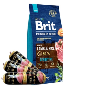 BRIT Premium By Nature Sensitive jēra gaļa 15kg + Hector mājputnu bar 3x900g