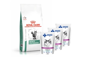 ROYAL CANIN Saturs Svara zudums SAT 34 6kg + ENZO VET Sterilizēts ar teļa gaļu mērcē 3x100g