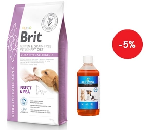 BRIT GF Veterinary Diets Dog Ultra-Hypoallergenic Insect 12kg + LAB V Laša eļļa suņiem un kaķiem 500ml