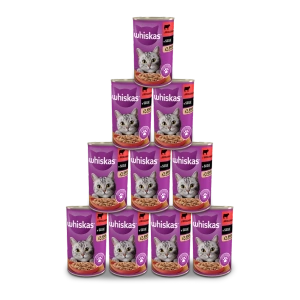 WHISKAS Adult bundža 400g - mitrā kaķu barība ar liellopu gaļu mērcē