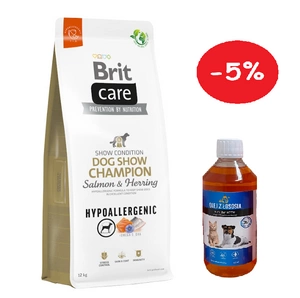 BRIT CARE Dog Hypoallergenic Izstāžu čempions laši un siļķes 12kg + LAB 5% PIGIAU