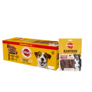 PEDIGREE Adult paciņa 40x100 g - jaukta garšas mērce, + PEDIGREE® Ranchos™ Superfood 70g BEZMAKSAS