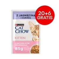 CAT CHOW Kaķēnu barība ar jēra gaļu un kabačiem mērcē 85g - 20 PAKIŅU + 6 BEZ MAKSAS !!!