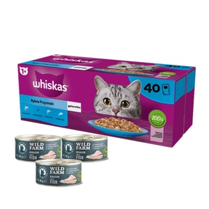 WHISKAS Adult paketėliai 40 x 85 g Fishy Treats - mitrnas maistas pieaugušajiem katėms drebučiuose (ar lašiša, tunu, menke, balta zivimi)