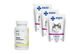 ENZO VET Sterilizēts uzturs sterilizētiem kaķiem ar tītara želeju 3x100g + LAB-V Urīna pH kontrole 45 kapsulas