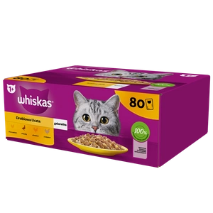 WHISKAS Adult maisiņš 80 x 85 g Mājputnu gabaliņš - mitrā barība pieaugušiem kaķiem želejā (gabaliņi ar: vistu, pīli, mājputnu gaļu, tītaru)