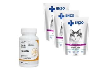 ENZO VET Sterilizēts ar teļa gaļu mērcē 3x100g + LAB-V Renalis 45 kapsulasj