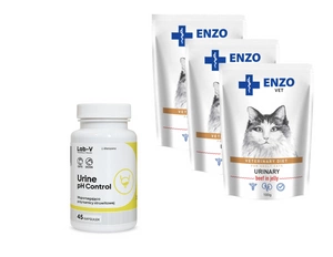 ENZO VET Urea ar liellopu gaļas želeju kaķiem 3x100g + LAB-V Urīniskā pH kontrole 45 kapsulas