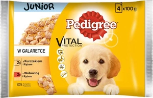 PEDIGREE Junior maisiņš 4x100g - mitrā želejveida suņu barība (ar vistu un rīsiem, ar liellopu gaļu un rīsiem)