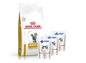 ROYAL CANIN Urinary S/O Moderate Calorie UMC34 9kg + ENZO VET urīns ar liellopu gaļas želeju kaķiem 3x100g