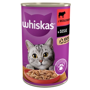 WHISKAS Adult bundža 400g - mitrā kaķu barība ar liellopu gaļu mērcē
