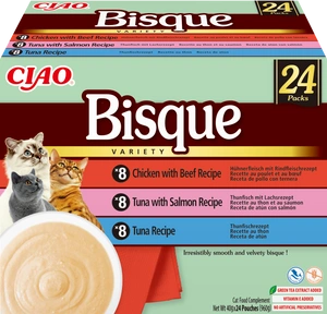 INABA Cat Ciao Bisque - papildbarība kaķiem krēmzupa ar vistas gaļu, liellopu gaļu, tunci un lasi 24x40g