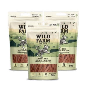 WILD FARM mīksto pīļu matiņu un ādas sloksnes 50g kaķu kārums