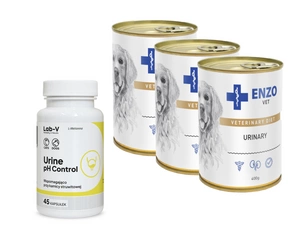 ENZO VET Urīna pret urīnceļu slimībām ar vistu suņiem 3x400g + LAB-V Urīna pH kontrole 45 kapsulas