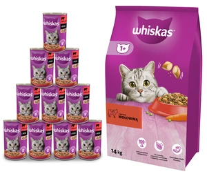 WHISKAS Adult 14kg - sausā kaķu barība ar liellopu gaļu un dārzeņiem