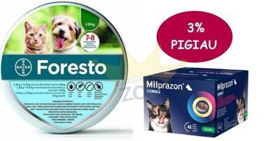 Milprazon 16 mg/40 mg košļājamās tabletes kaķiem 4 tabletes + BAYER Foresto apkakle kaķiem un suņiem līdz 8kg